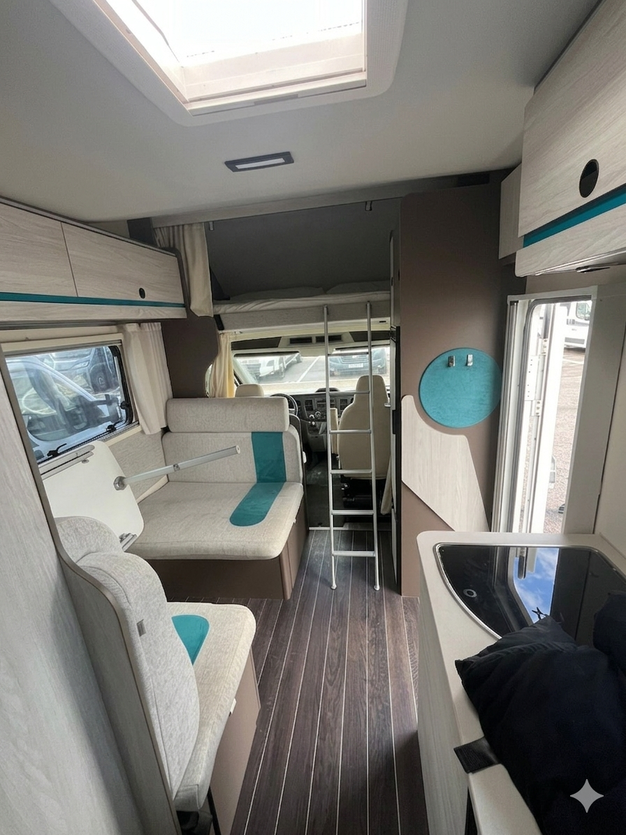 Interior de la autocaravana: zona de salón mirando hacia adelante