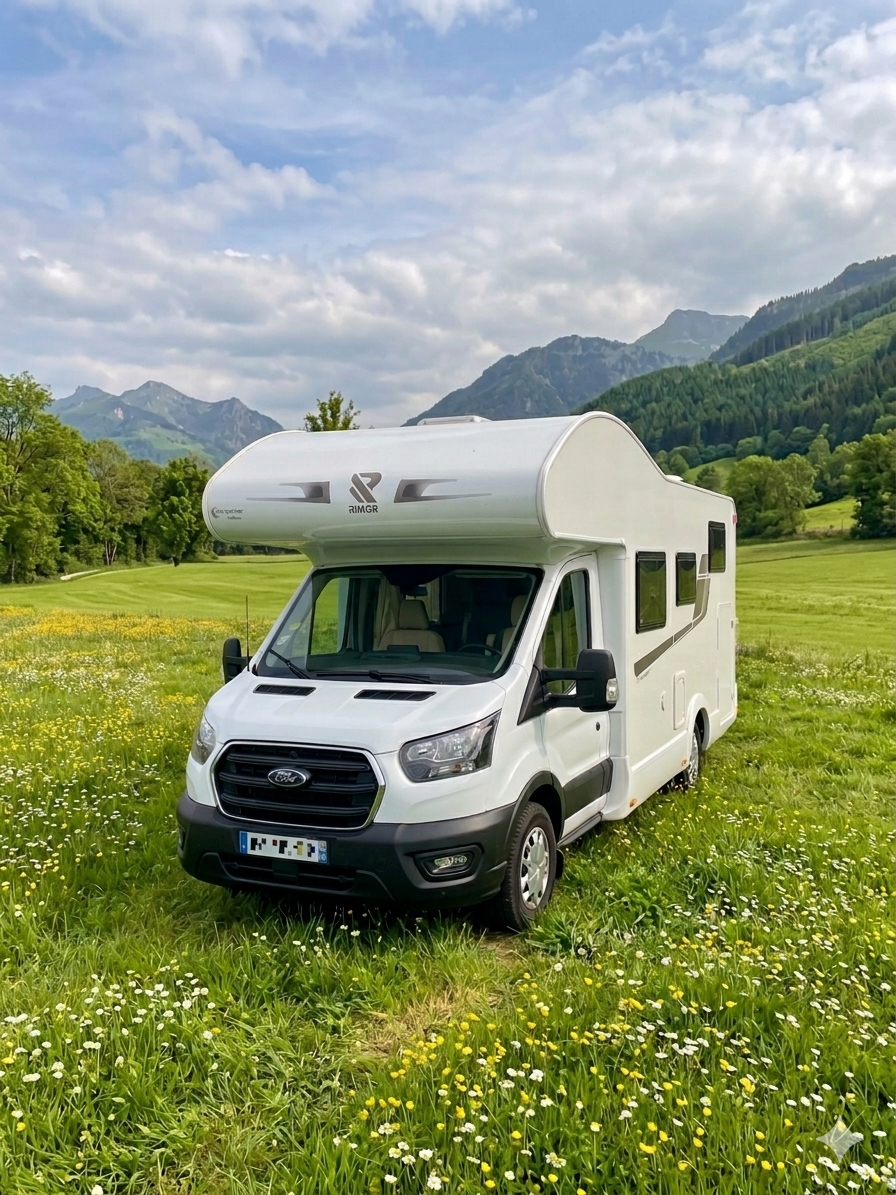 Autocaravana en un prado verde con montañas
